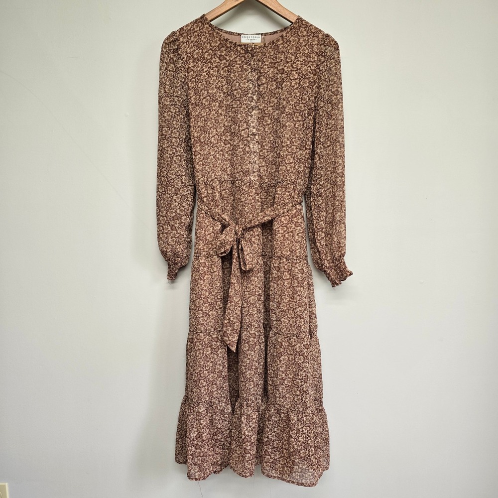Dress Forum Floral Midi Dress Womens Medium Brown Tiered Long Sleeve Cottagecore